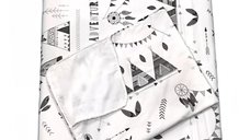 Set 3 piese paturica cu cearsaf si pernuta 120x60 cm Corturi de indian gri