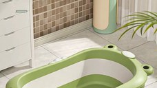 Set Cadita pliabila pentru bebelusi Little Mom green, cu termometru digital, dop de scurgere, dimensiune 80 x 52 x 23 cm si Suport anatomic inclus