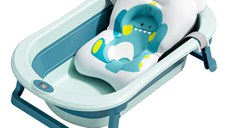 Set cadita pliabila pentru copii Little Mom Dino Pink, cu pernuta bebelusi detasabila, termometru display digital incorporat, dop scurgere, picioruse antiderapante, design ergonomic,80 x 50 x 24 cm