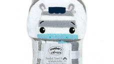 Set cadou bebelusi cu 4 mini prosopele si prosop cu gluga din bumbac zebra
