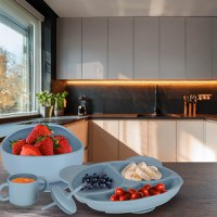 Set complet de hranire copii pentru diversificare hrana, 8 piese din silicon cu fixare in ventuze, blue Teddy - 1