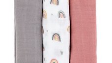 Set de 3 scutece PetiteMars din muselina de bambus Moussy Rose Rainbow, 68 x 68 cm, Multicolor
