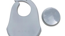 Set de hranire din silicon natural, contine bol cu vacuum si baveta, 6 luni+, Grey