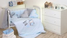 Set lenjerie din bumbac cu protectie laterala pentru pat bebelusi Hero Blue 120 x 60 cm