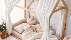 Set Little Amy cu 2 baldachine din voal dublu texturat, 2 x 280 cm, pentru pat casuta 70 x 140 cm, alb