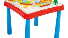 Set masuta cu doua scaunele Pilsan Master Study cu spatiu depozitare rechizite,realizat din plastic rezistent cu margini rotunjite,placa constructie si 121 cuburi constructie incluse,dimensiune masuta 60x60x50 cm