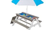 Set masuta de gradina si bancute pentru copii Ginger Home GriAlb 3in1 din lemn, Umbrela cu protectie UV si inaltime ajustabila, Masuta cu spatiu de depozitare