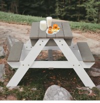 Set masuta de gradina si bancute pentru copii Ginger Home GriAlb 3in1 din lemn, Umbrela cu protectie UV si inaltime ajustabila, Masuta cu spatiu de depozitare - 2