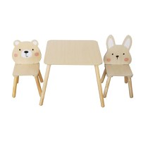 Set masuta si 2 scaunele cu spatar pentru copii din material MDF Moni Bear and Bunny Beige - 1