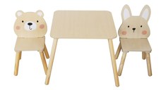 Set masuta si 2 scaunele cu spatar pentru copii din material MDF Moni Bear and Bunny Beige