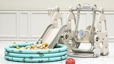 Spatiu de joaca Nichiduta Garden Happy Turtle Grey 3 in 1 cu tobogan, leagan cu bara de protectie detasabila, jucarie muzicala, cos de baschet, mingie si piscina cu 200 bile joaca incluse