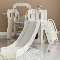 Spatiu de joaca pentru copii 3in1 Nichiduta Garden White de interiorexterior, cu platforma, tobogan, leagan cu bara de protectie detasabila, cos de baschet - 2