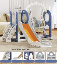 Spatiu de joaca pentru copii Nichiduta Garden bluewhite, de interiorexterior, Leagan muzical cu masuta, tobogan, treptele de acces, balustrade laterale de sustinere, 150 x 170 x 110 cm - 2