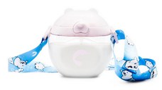 Sticluta de apa din tritan pentru copii, Kindnort Baer, sterilizabila, pai moale din silicon cu bila gravitationala, prevazuta cu snur reglabil, capacitate 300 ml, Pink