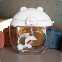 Sticluta de apa din tritan pentru copii, Kindnort Baer, sterilizabila, pai moale din silicon cu bila gravitationala, prevazuta cu snur reglabil, capacitate 300 ml, Pink - 2