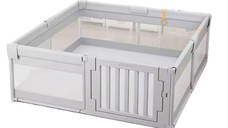 Tarc de joaca 120 x 180 cm, cu cadru metalic, pereti din plasa inaltime 65 cm, cu poarta de acces, covoras spuma cu doua fete, 4 inele ajutatoare si 100 de bile incluse, Playfence Grey
