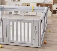 Tarc de joaca 120 x 180 cm, cu cadru metalic, pereti din plasa inaltime 65 cm, cu poarta de acces, covoras spuma cu doua fete, 4 inele ajutatoare si 100 de bile incluse, Playfence Grey - 6