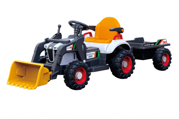 Tractor electric cu remorca si cupa pentru copii Nichiduta Digger Scorpion Yellow 12V,telecomanda 2.4G,2 motoarex38w,scaun din piele ecologica,cupa mobila,suport picioare,cotiere,roti late rezistente,muzica,lumini LED