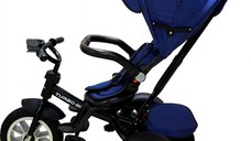 Tricicleta pentru copii Baby Care Turbo Bike Albastru cu Far luminos, Roti din cauciuc, Pozitie somn, Pedale si maner pentru parinti, Scaun reversibil cu invartire 360 grade , Cadru metalic, Dimensiuni 110X45X90 cm