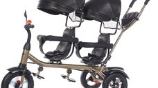 Tricicleta pentru copii gemeni Chipolino 2Play Obsidian Gold cu maner, control al directiei, sezut reversibil, suport pentru picioare, scaun confortabil cu husa moale, copertina XXL, si roti din cauciuc
