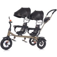 Tricicleta pentru copii gemeni Chipolino 2Play Obsidian Gold cu maner, control al directiei, sezut reversibil, suport pentru picioare, scaun confortabil cu husa moale, copertina XXL, si roti din cauciuc - 1