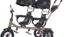Tricicleta pentru copii gemeni Chipolino 2Play Obsidian Gold cu maner, control al directiei, sezut reversibil, suport pentru picioare, scaun confortabil cu husa moale, copertina XXL, si roti din cauciuc