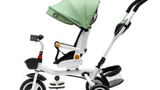 Tricicleta pentru copii Juju Bliss Ride Verde, 3 in 1, pozitie de somn, reversibila, far luminos, muzica, cos depozitare, gentuta, protectie UV, cauciucuri spuma EVA, greutate maxima admisa 25kg