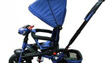 Tricicleta pentru copii Novokids Super Trike Albastru Jeans cu copertina, melodii si lumini, roti din cauciuc, pozitie somn, scaun reversibil cu rotatie 360 grade