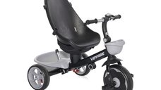 Tricicleta pentru copii Voyage Black Cosmos cu sezut reversibil, spatar reglabil pe 2 pozitii, maner cu control al directiei, cosulet pentru accesorii, 2 tipuri de suporti pentru picioare si roti mari din cauciuc Eva