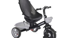 Tricicleta pentru copii Voyage Black Cosmos cu sezut reversibil, spatar reglabil pe 2 pozitii, maner cu control al directiei, cosulet pentru accesorii, 2 tipuri de suporti pentru picioare si roti mari din cauciuc Eva