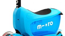 Trotineta Micro Mini2go Deluxe Blue cu 3 roti, scaunel, spatiu depozitare, ghidon telescopic, roti din silicon, greutate admisa 50 kg