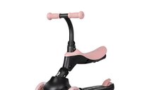 Trotineta pentru copii QPlay Sema EVO Roz 6 in 1 multifunctionala cu scaunel, maner telescopic parental, inaltime ajustabila, cadru din aluminiu, greutate admisa 50 kg