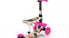 Trotineta pentru copii Smart Pink Flowers, 3 roti LED, scaun reglabil si detasabil, ghidon reglabil, greutate suportata 20 kg, varsta 3 ani+