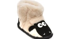 Ghete EMU alb-negru, SHAUN THE SHEEP WALKER, din material textil si piele intoarsa