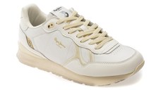 Pantofi sport PEPE JEANS albi, BRIT DISTRESS, din piele ecologica