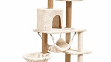 AMYDO Home Como - Ansamblu de Joaca pentru Pisici cu 5 Etaje, Căsuță din MDF și Sisal, Elemente Atârnate și Hamac, Bej, 52x37x125cm