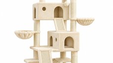 AMYDO Home Vienna - Ansamblu de Joaca pentru Pisici cu 5 Etaje si 2 Casute, MDF si Sisal, Elemente Atarnate si Hamac Bej, Dimensiuni 60x60x166cm