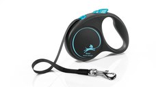 FLEXI Black Design, lesă bandă retractabilă câini, nylon, albastru, S(15kg, 5m)