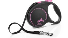 FLEXI Black Design, lesă bandă retractabilă câini, nylon, roz, L(50kg, 5m)