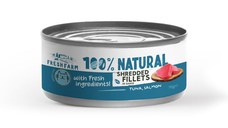 FRESH FARM Schredded fillets, Ton și Somon, conservă hrană umedă fără cereale pisici, (în sos), 70g