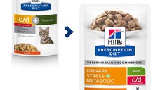 HILL'S Prescription Diet c/d Stress + Metabolic, Pui, dietă veterinară pisici, plic hrană umedă, sistem urinar, metabolism, (în sos), bax, 85g x 12buc