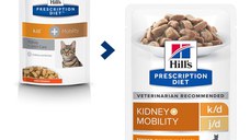 HILL'S Prescription Diet k/d+j/d Kidney Care + Mobility, Pui, dietă veterinară pisici, plic hrană umedă, sistem renal, sistem articular, 85g x 12buc