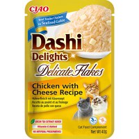 INABA Churu Dashi Delights Delicate Flakes, Pui și Brânză, plic hrană umedă fără cereale pisici, (topping), 40g - 1