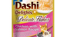 INABA Churu Dashi Delights Delicate Flakes, Pui și Somon, plic hrană umedă fără cereale pisici, (topping), 40g