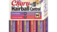 INABA Churu Hairball Control Varieties, Pui și Ton, cutie recompense fără cereale pisici, limitarea ghemurilor de blană, (piure), 280g