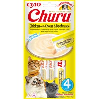 INABA Churu Pui, Brânză și Vită, plic, tub recompense fără cereale pisici, (piure), 56g - 1