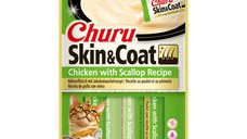 INABA Churu Skin & Coat, Pui și Scoici, plic, tub recompense fără cereale pisici, piele & blană, (piure), 56g