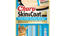 INABA Churu Skin & Coat, Ton și Scoici, plic, tub recompense fără cereale pisici, piele & blană, (piure), 56g