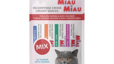 MIAU MIAU Creamy Snacks Mix Ton, Pui, Somon și Rață, recompense fără cereale pisici, (piure), 60g