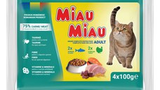 MIAU MIAU Mixt, Curcan și Somon, plic hrană umedă pisici, (în sos), multipack, 100g x 4buc